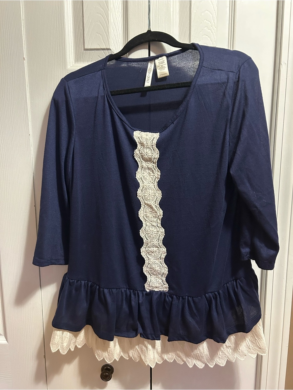 Forgotten Grace Women's Navy Lace-Trim Peplum Top